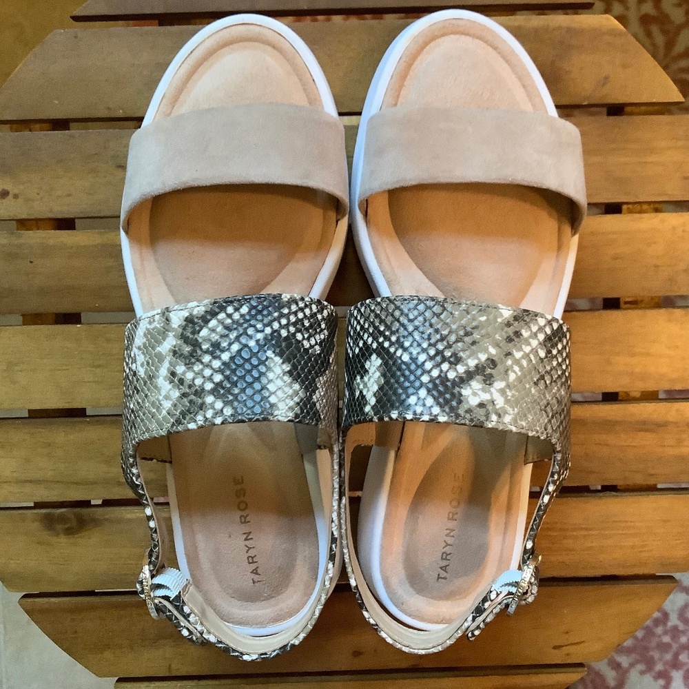 Taryn Rose Suede Sandals Laura Double Strap Snake/Suede Natural SZ 9